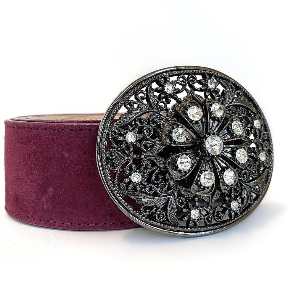 Suede Belt w Jeweled Filigree Buckle Aubergine